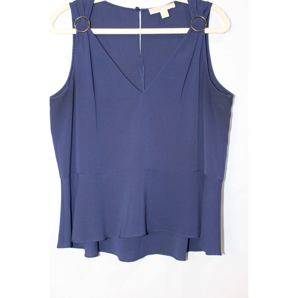 MIchael Kors Blue V-Neck‎ Sleveless  Peplum Top Gold Trim  L